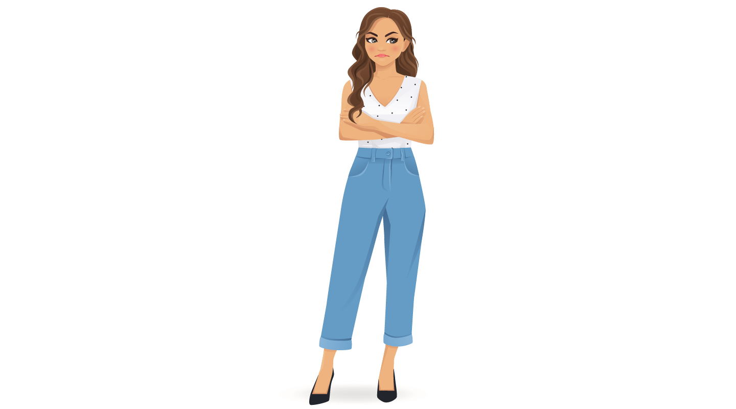 A cartoon woman wearing blue pants and a white top.